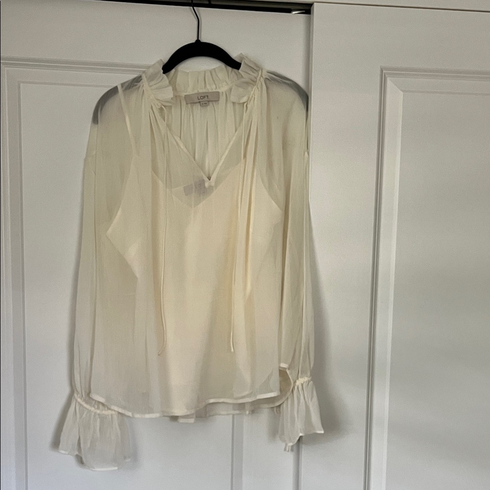 LOFT Cream Sheer Blouse with Tie Neck